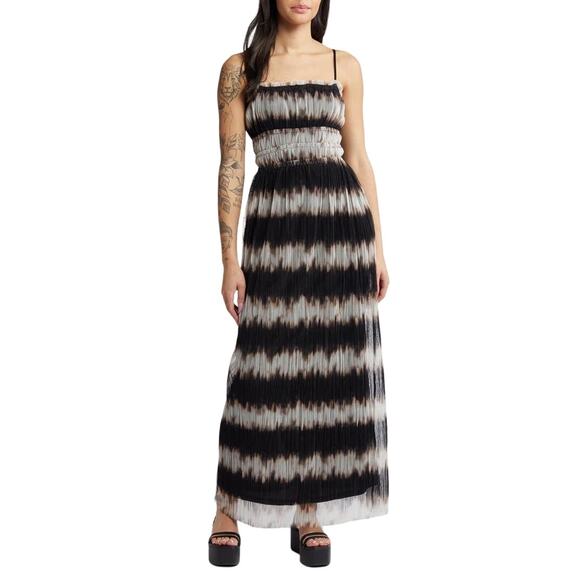 Topshop Plissé Mesh Maxi Black Tie Dye Stripe Sleeveless Slip Dress XS NWT - Picture 1 of 12